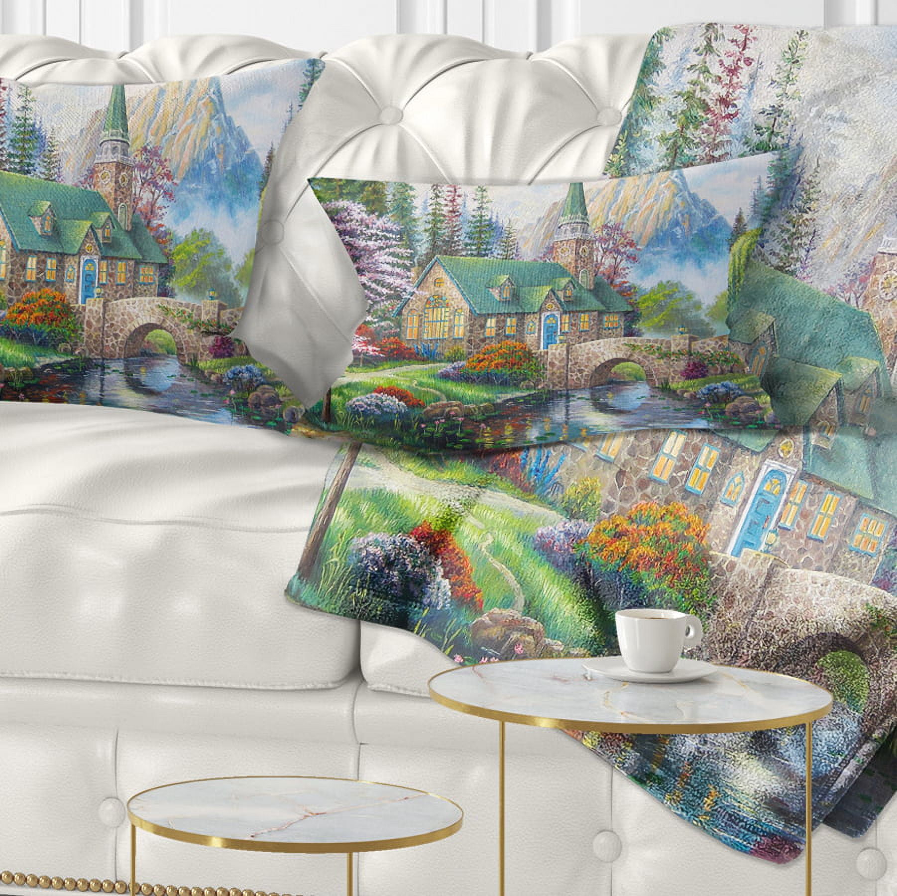 Designart Church in Forest Oil Painting - Landscape Painting Throw Pillow - 12x20