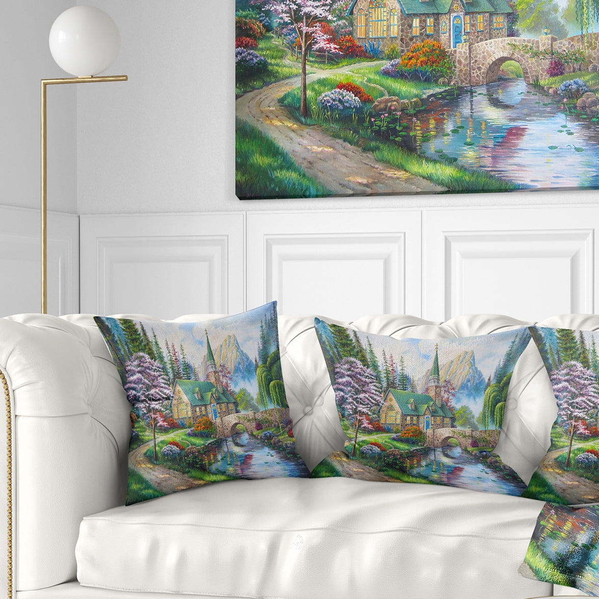 Designart Church in Forest Oil Painting - Landscape Painting Throw Pillow - 16x16