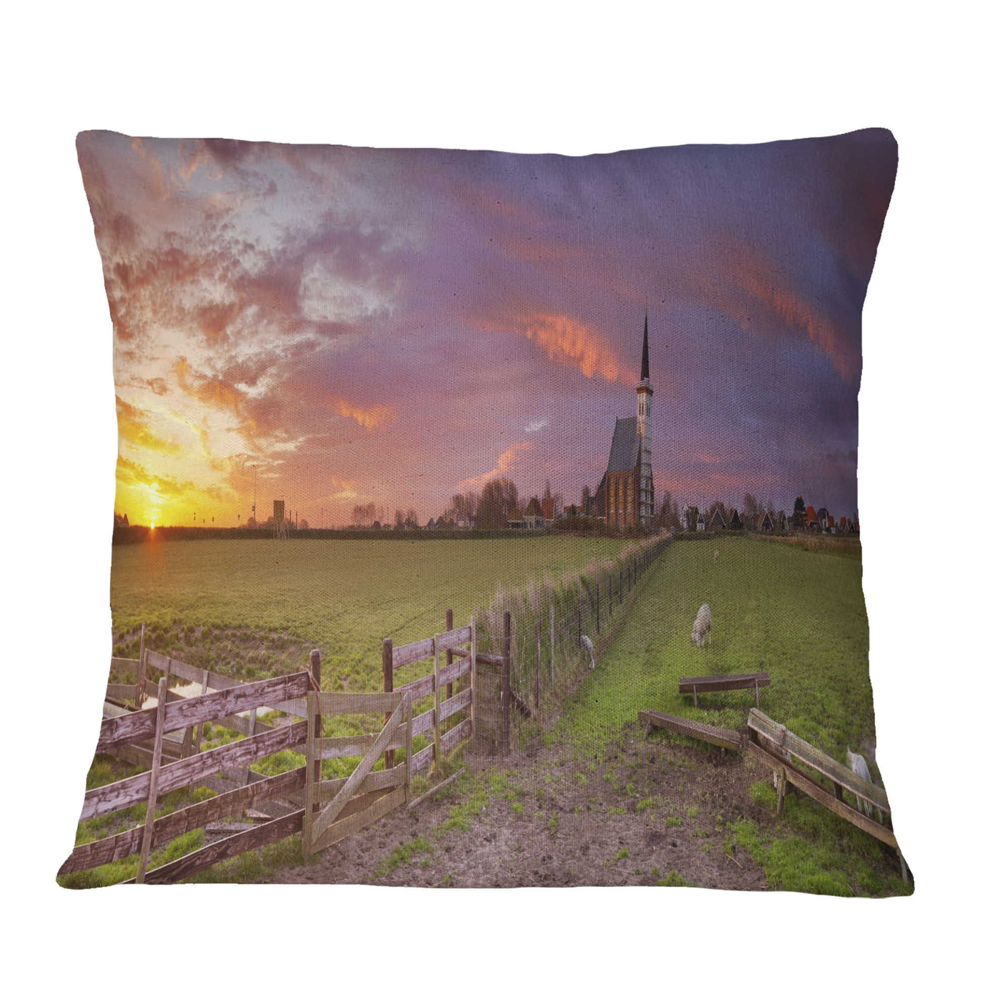 Designart Church of Den Hoorn on Texel Island - Landscape Printed Throw Pillow - 16x16