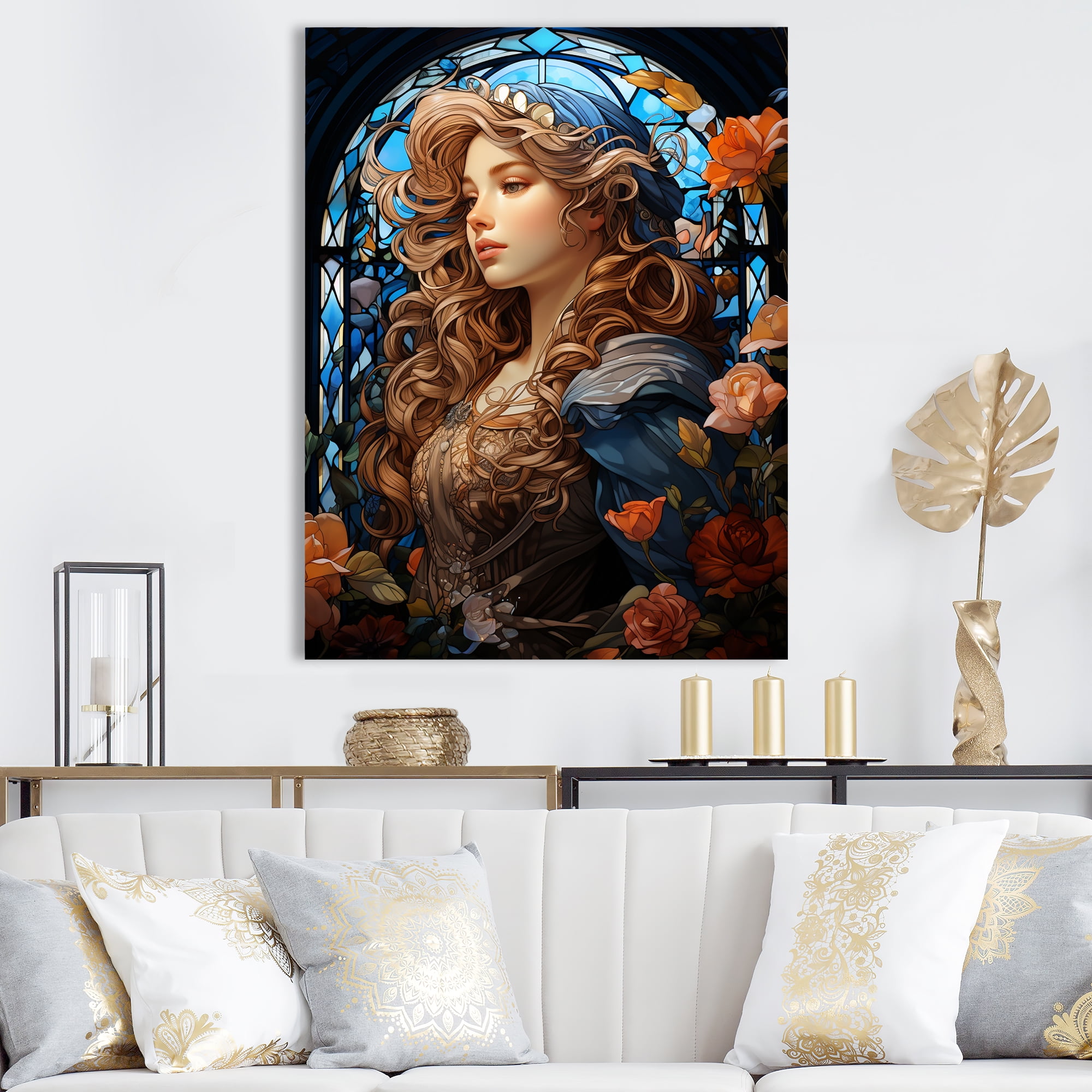 Blue and Orange Stained Glass Abstract Canvas Art