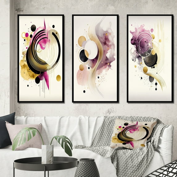Designart "Circular Colorful Abstraction III" Modern Framed Wall Art Set Of 3 - Pink Abstract Geometric Frame Gallery Set For Office Decor