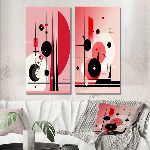 Designart "Circular Geometrics in Black and Pink Oracle II" Modern Geometric Wall Art Set Of 2 - Modern Pink Gallery Wall Set For Home Decor