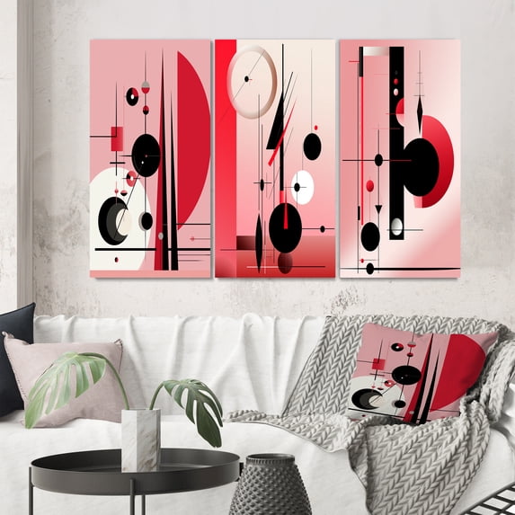 Designart "Circular Geometrics in Black and Pink Oracle II" Modern Geometric Wall Art Set Of 3 - Pink Abstract Canvas Set For Living Room Decor