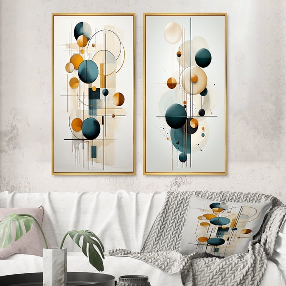 Designart "Circular Geometry Minimal Retro Sweet Serenity II" Modern Geometric Framed Wall Art Set Of 2 - Modern White Framed Canvas Set For Living Room Decor