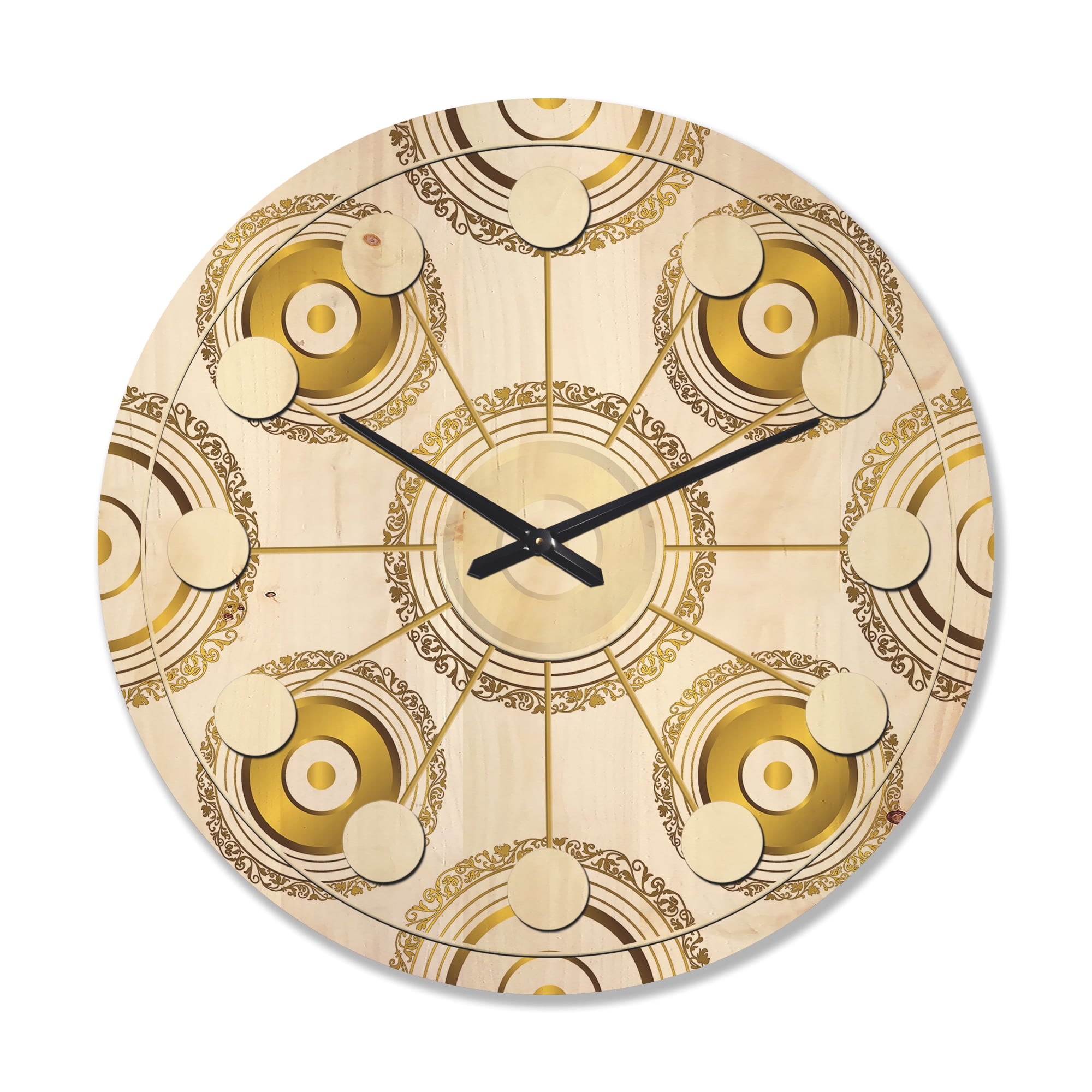 Designart 'Circular Golden Retro Pattern I ' Mid-Century Modern Wood Wall Clock