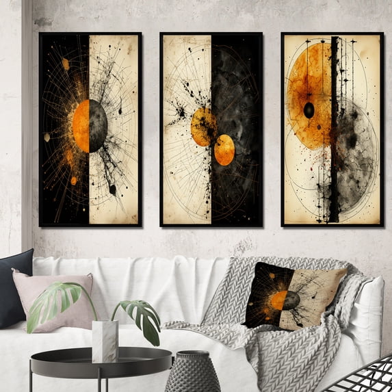 Designart "Circular Harmony Abstract Orange II" Modern Geometric Framed Wall Art Set Of 3 - Gold Abstract Geometric Frame Gallery Set For Office Decor