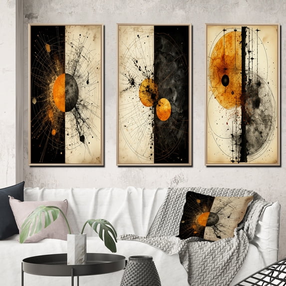Designart "Circular Harmony Abstract Orange II" Modern Geometric Framed Wall Art Set Of 3 - Gold Abstract Geometric Frame Gallery Set For Office Decor