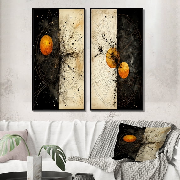 Designart "Circular Harmony Abstract Orange" Modern Geometric Framed Wall Art Set Of 2 - Modern Black Framed Wall Art Set Of 2