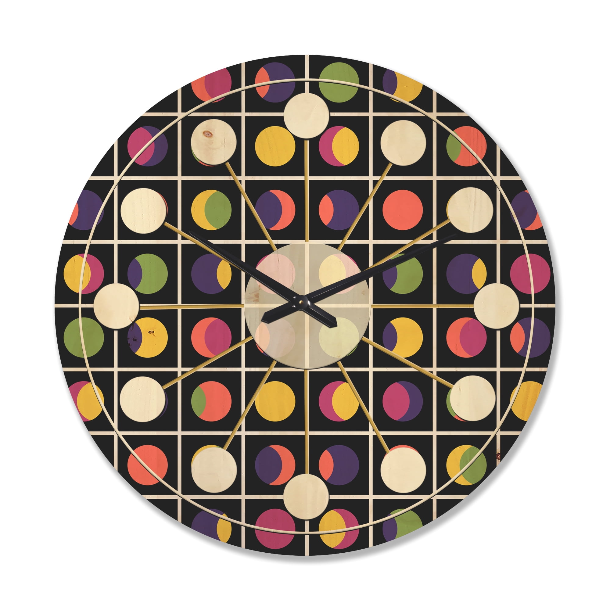 Designart 'Circular Moons Retro Pattern' Mid-Century Modern Wood Wall Clock