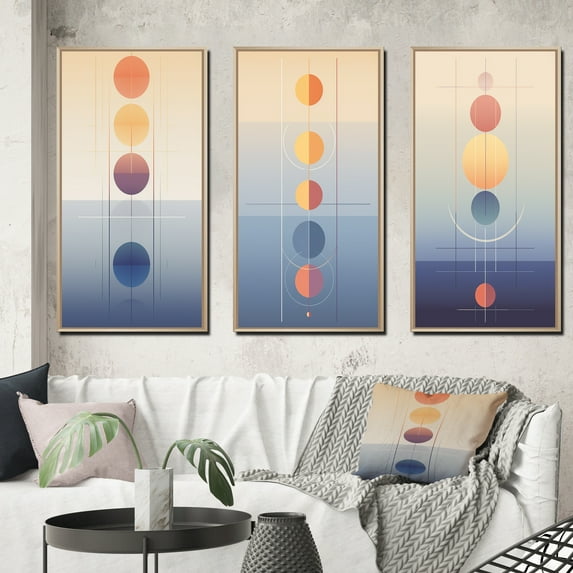 Designart "Circular Pastel Minimalism Moon Phases VI" Modern Geometric Framed Wall Art Set Of 3 - Pink Abstract Frame Gallery Wall Set For Home Decor