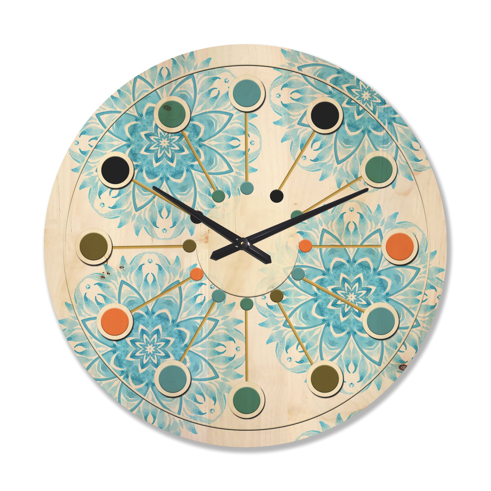 Designart 'Circular Retro Geometric In Blue' Mid-Century Modern Wood Wall Clock