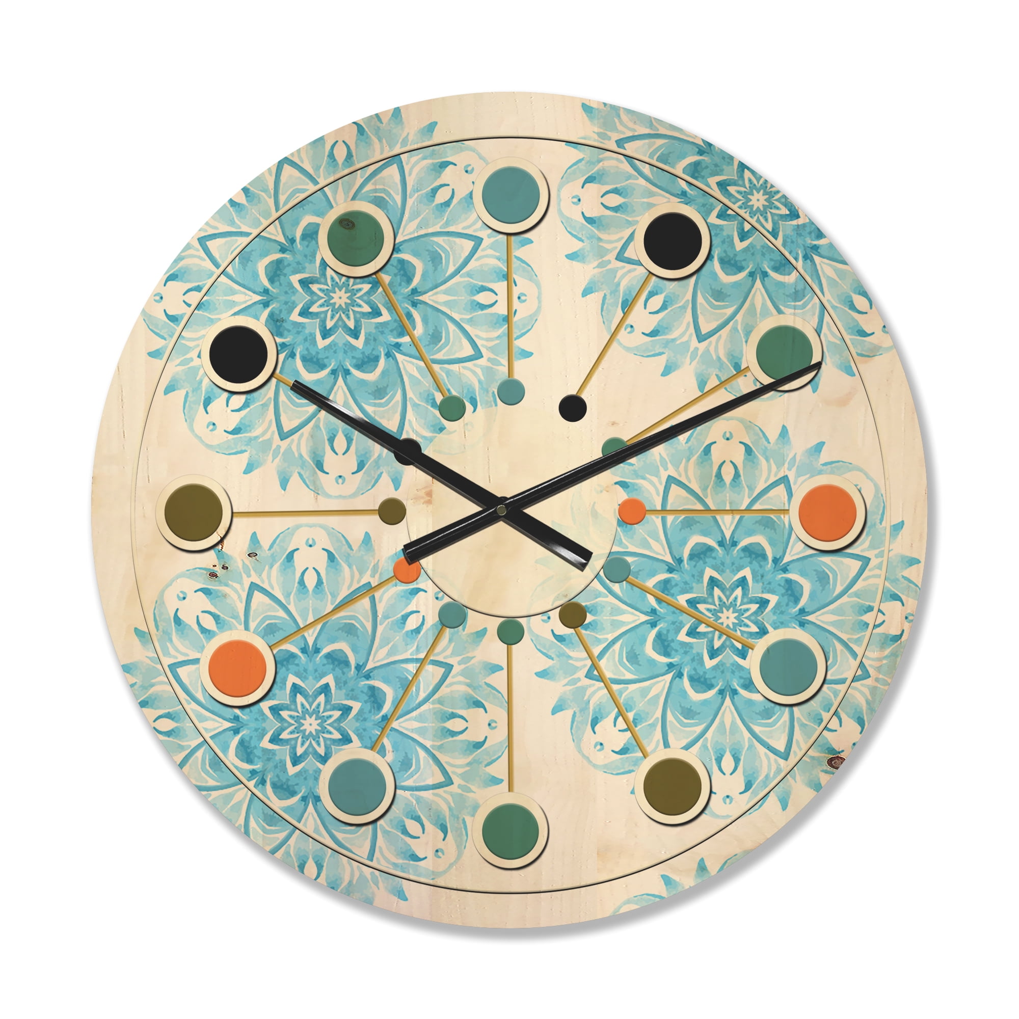 Designart 'Circular Retro Geometric In Blue' Mid-Century Modern Wood Wall Clock