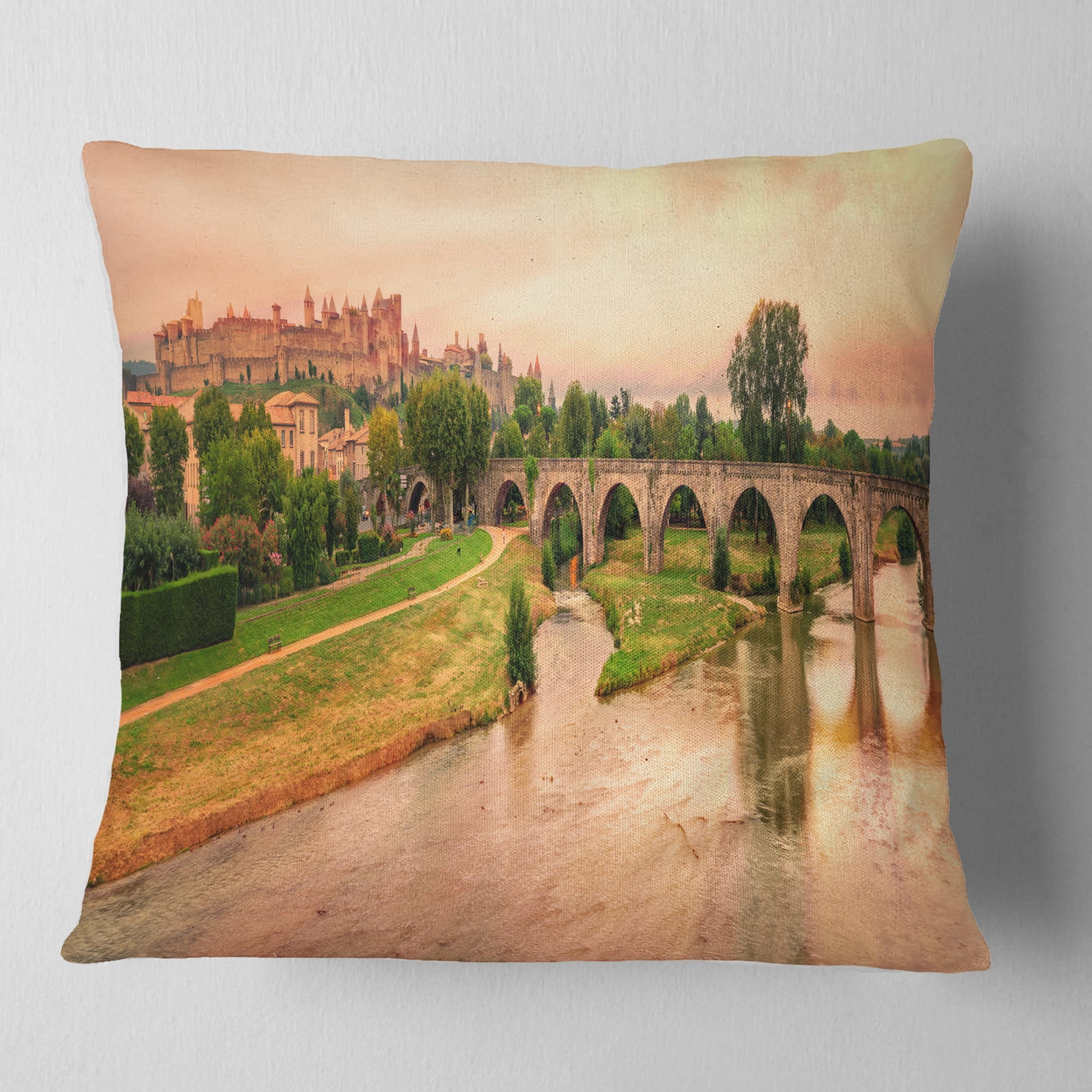 Designart Cite de Carcassonne Panorama - Landscape Printed Throw Pillow - 16x16