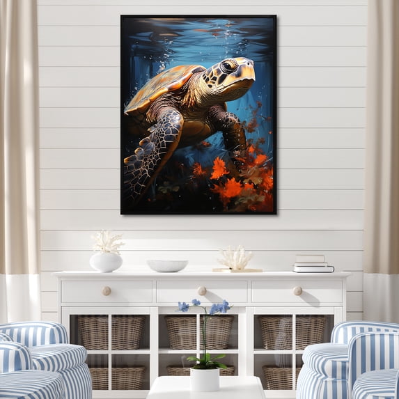 Designart "City-Adventuring Turtle" Animals Turtle Floater Framed Canvas Art Print