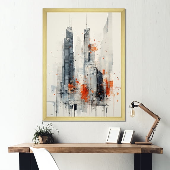 Designart "City Building Skyscrapers in Minimalist Style" Architecture Framed Wall Art - Industrial Grey Skyscrapers Bedroom Framed Canvas Wall Art