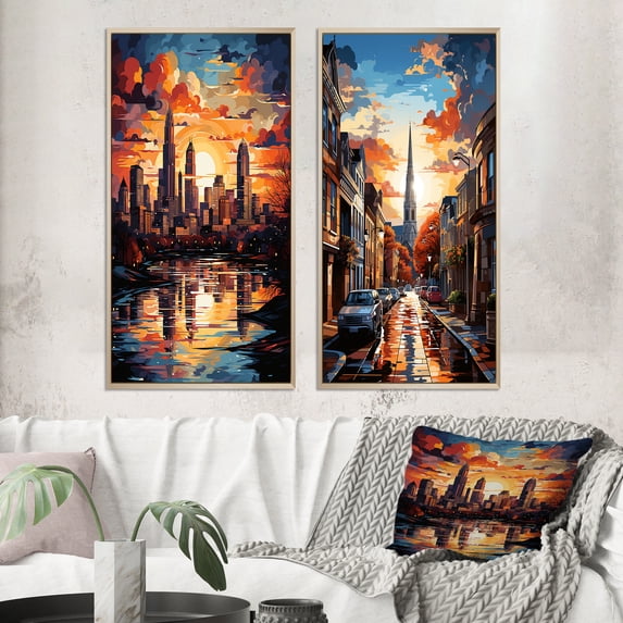 Designart "City Charlotte composition I" Charlotte Framed Wall Art Set Of 2 - Yellow Cityscapes Frame Gallery Set For Office Decor