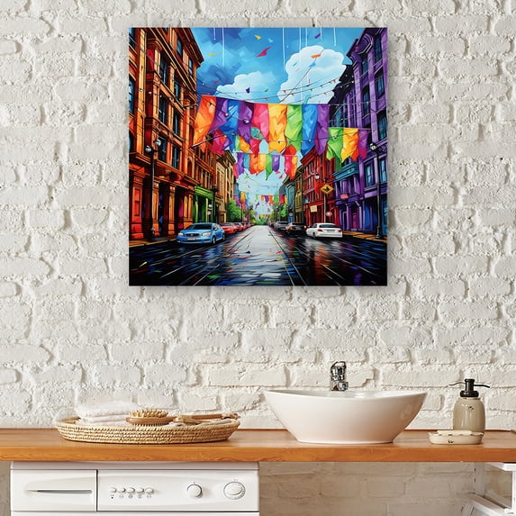 Designart "City Clothes in Colorful Laundry I" Illustration Canvas Wall Art - Modern Colorful Laundry Living Room Canvas Art