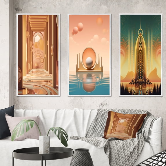 Designart "City of Gold Futuristic Minimal Architecture II" Abstract Landscape Framed Wall Art Set Of 3 - Gold Abstract Landscapes Frame Gallery Set For Office Decor