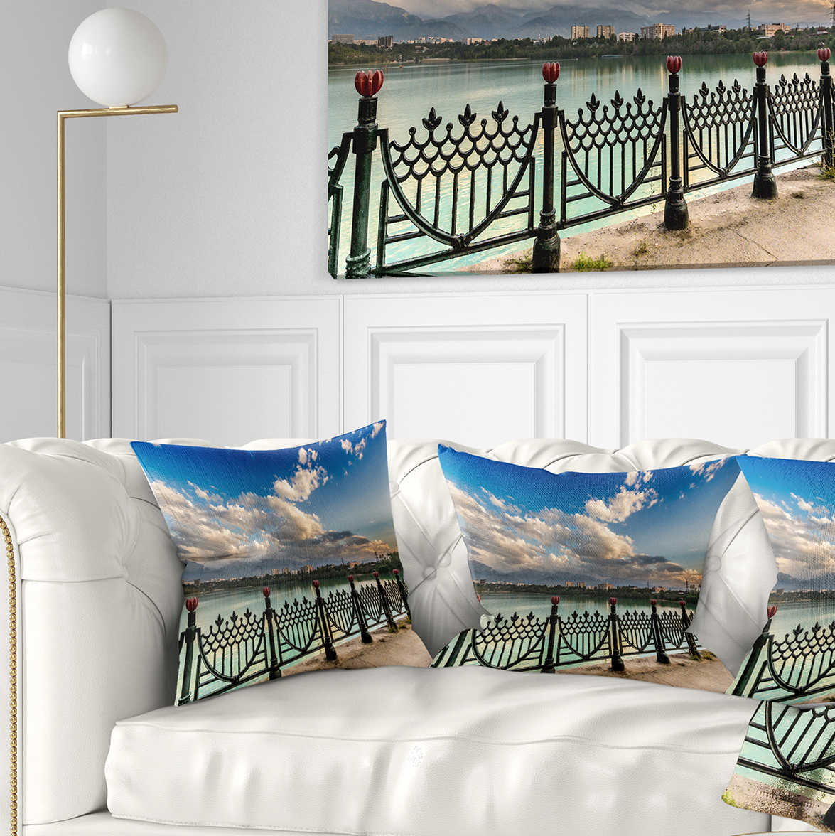 Designart City Lake Under Clouds - Cityscape Photography Throw Pillow - 16x16