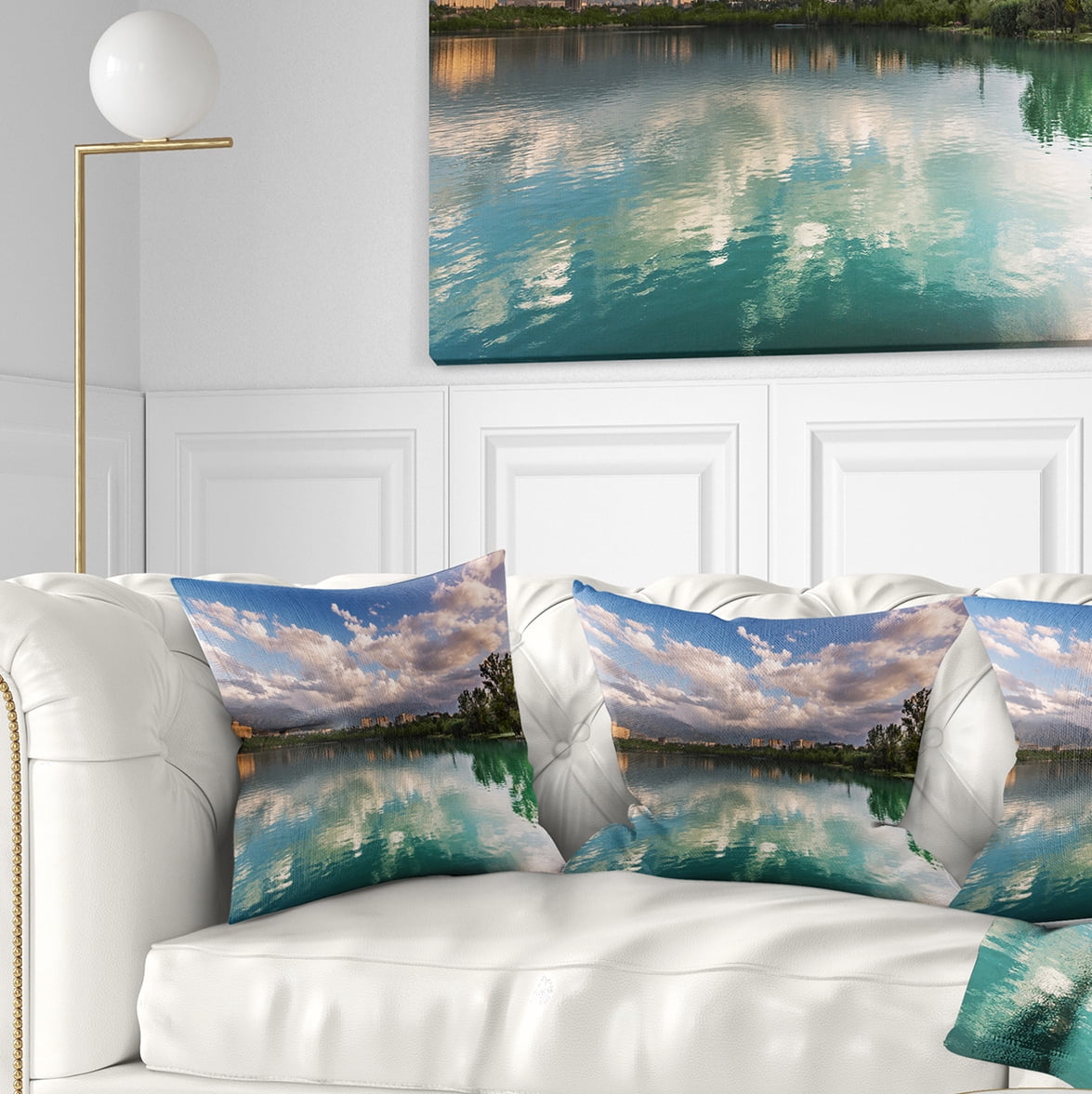 Designart City Lake with Cloud Reflection - Cityscape Photo Throw Pillow - 16x16