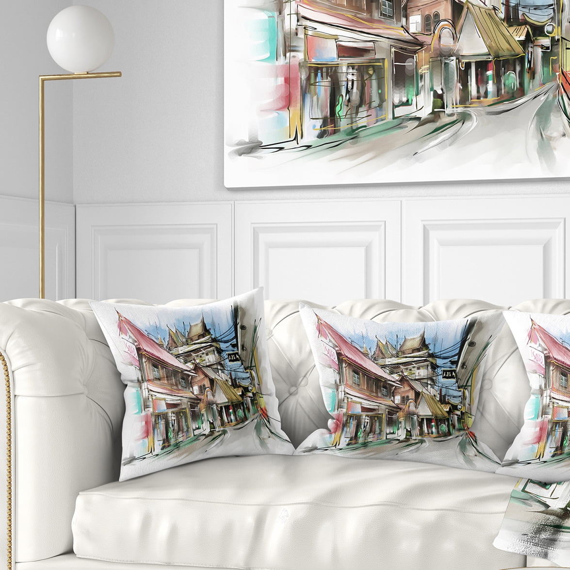 Designart City Street Illustration Art - Cityscape Street Throw Pillow - 18x18