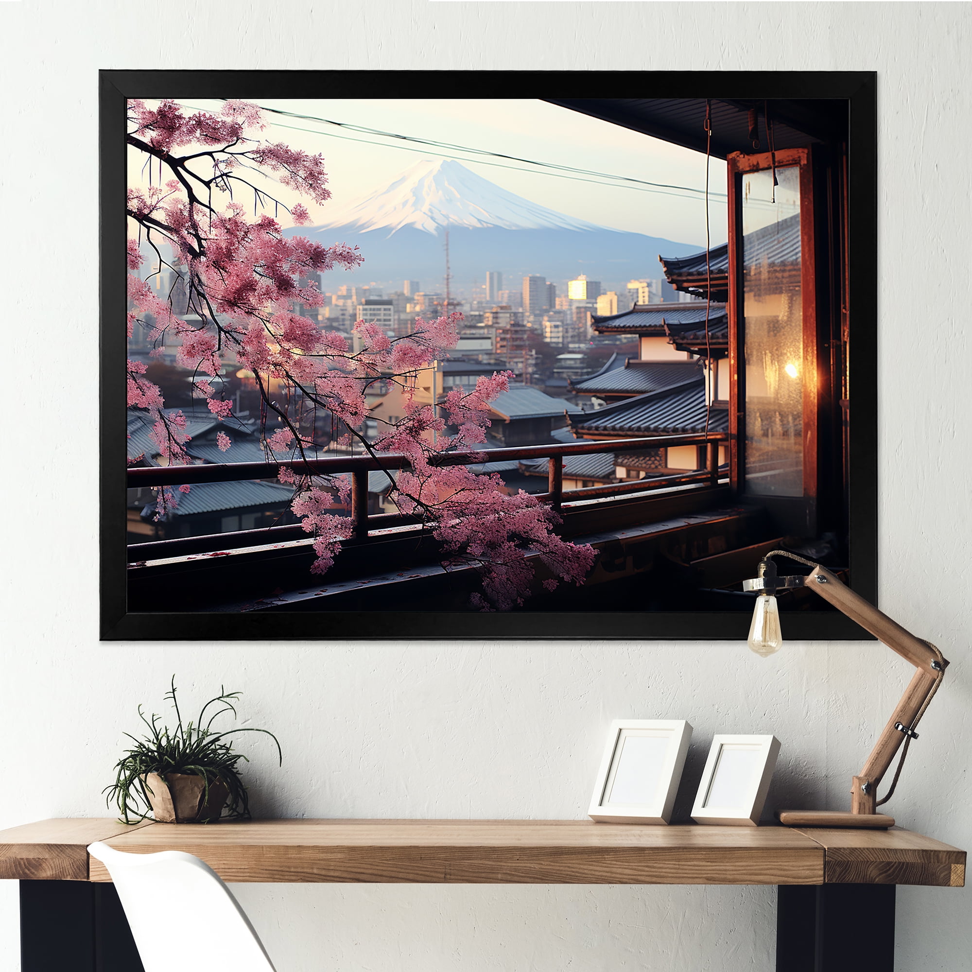 Designart "City View Serenity through Japan Window" Landscapes Framed