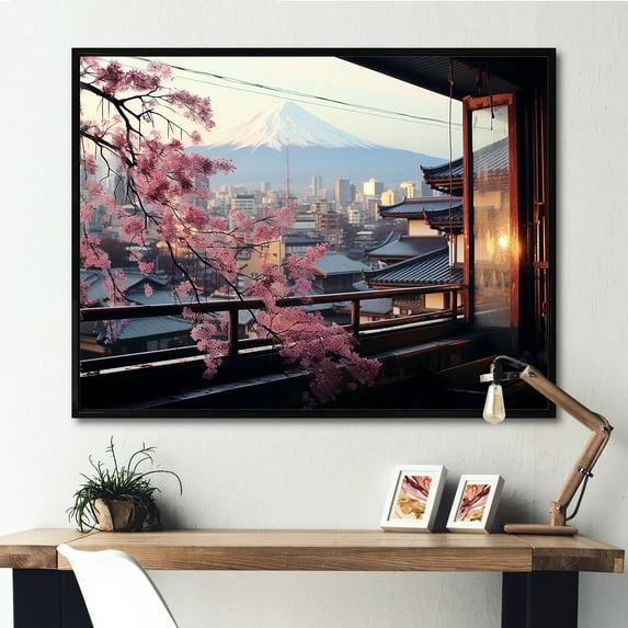 Designart "City View Serenity through Japan Window" Landscapes Framed Wall Art - Traditional Pink Japan Hallway Framed Wall Art Decor
