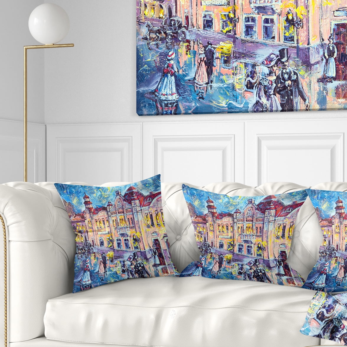 Designart City at Night with People - Cityscape Throw Pillow - 16x16
