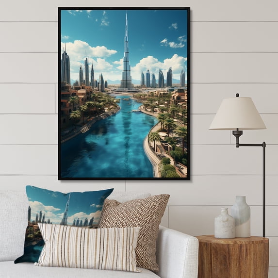Designart "City of Heights Dubai I" Cityscapes Floater Framed Wall Art Living Room
