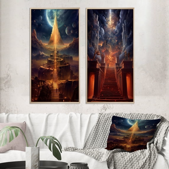 Designart "City of Light Final Destination II" Abstract Landscape Framed Wall Art Set Of 2 - Modern Gold Frame Gallery Set For Office Decor