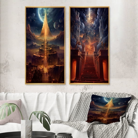 Designart "City of Light Final Destination II" Abstract Landscape Framed Wall Art Set Of 2 - Modern Gold Frame Gallery Set For Office Decor