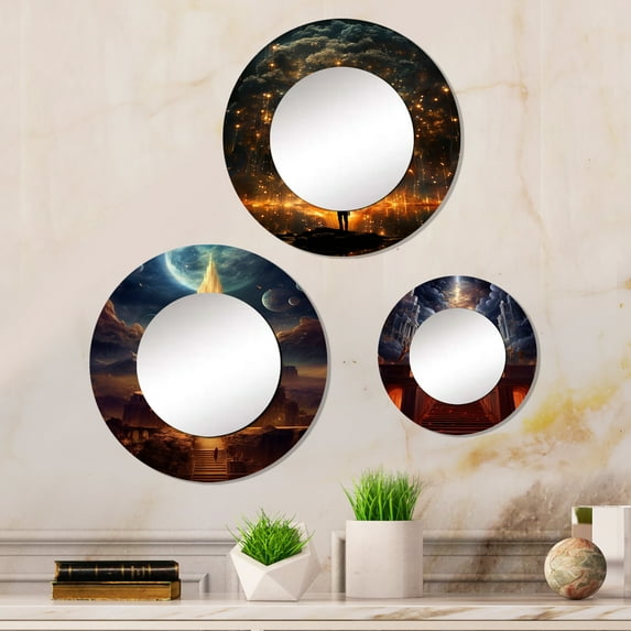 Designart "City of Light Final Destination II" Abstract Landscape Round Mirror Set of 3 - Modern Gold Round Living Room Wall Mirror Set