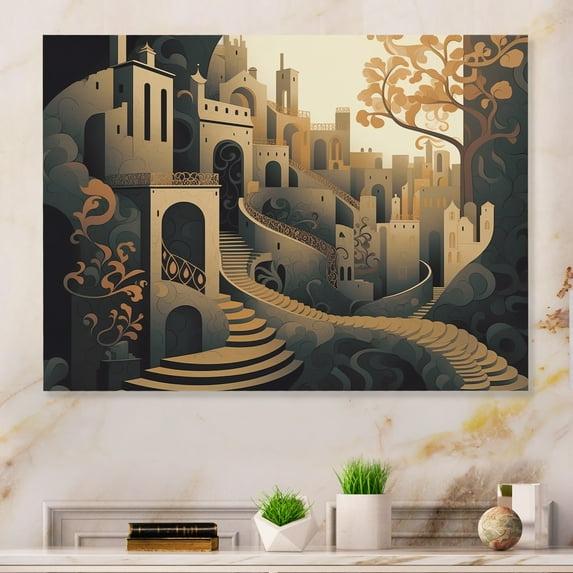 Designart "City with Arabic Flair III" Surrealism landscape Metal Wall Art