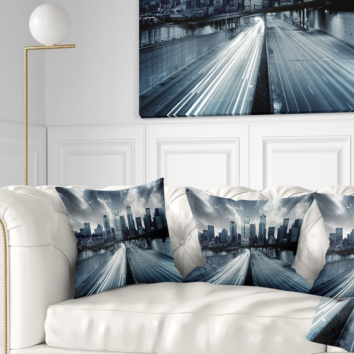 Designart City with Blue Tint - Cityscape Throw Pillow - 16x16