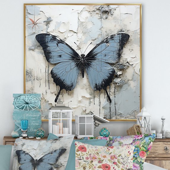 Designart "Cityscape Butterfly Street Art Highlights" Animals Butterfly Floater Framed Canvas Wall Art