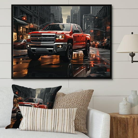 Designart "Cityscape Hauler Red Pickup Truck Adventure II" Transportation Floater Framed Canvas Art Print