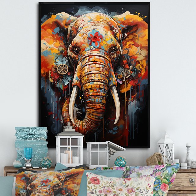 Designart "Cityscape Of Graffiti Pachyderms I" Animals Elephant Floater Framed Wall Art Prints