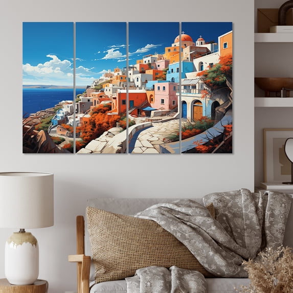 Designart "Cityscape Popart Colorful Santorini painting I" Santorini Metal Art Print Set