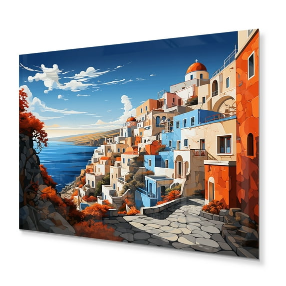 Designart "Cityscape Popart Colorful Santorini painting III" Santorini Metal Art Print