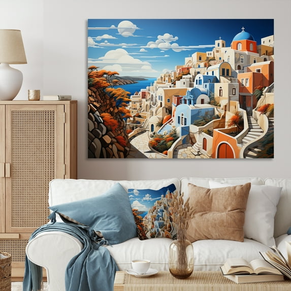Designart "Cityscape Popart Colorful Santorini painting IV" Santorini Wall Art Living Room