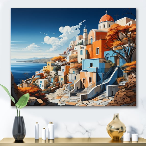 Designart "Cityscape Popart Colorful Santorini painting V" Santorini Canvas Wall Art