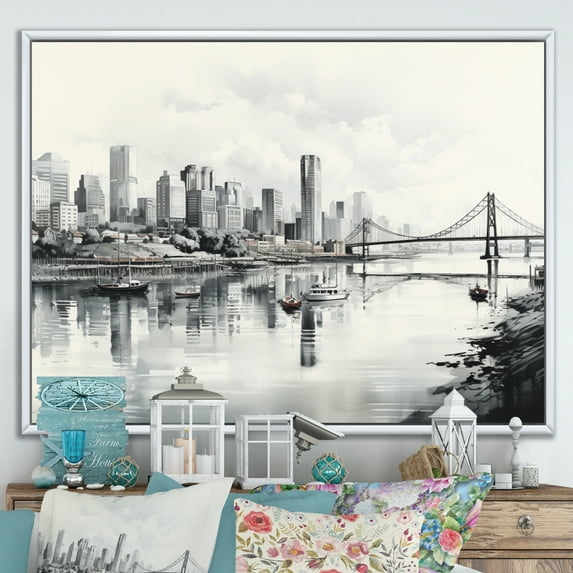 Designart "Cityscape Sketch Hong City painting I" Hong Kong Floater Framed Wall Decor
