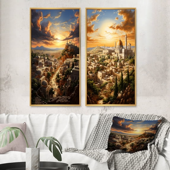 Designart "Cityscape of Jerusalem in Judaism II" Judaism Framed Wall Art Set Of 2 - Yellow Spiritual Framed Canvas Set For Living Room Decor