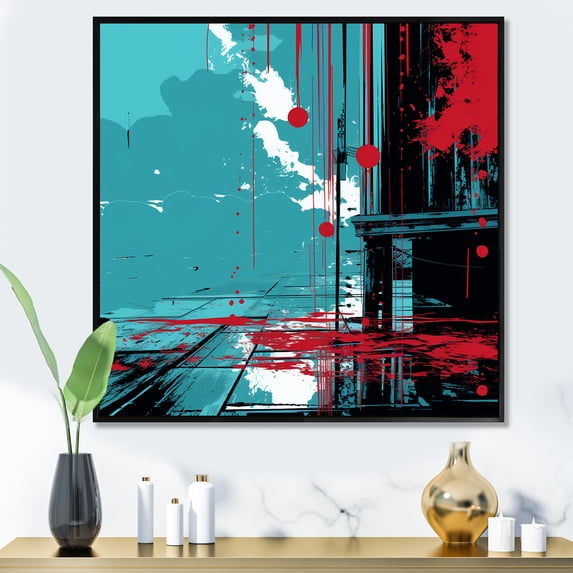 Designart "Cityscape of Modern Cherry Eclipse" Cityscapes Framed Wall Art - Modern Red Cityscape Hallway Framed Wall Art Decor