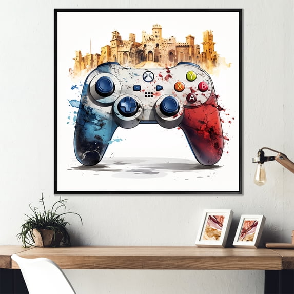 Designart "Cityscape with Video Game Controller" Fashion Framed Wall Art - Red Video Games Entryway Framed Wall Art