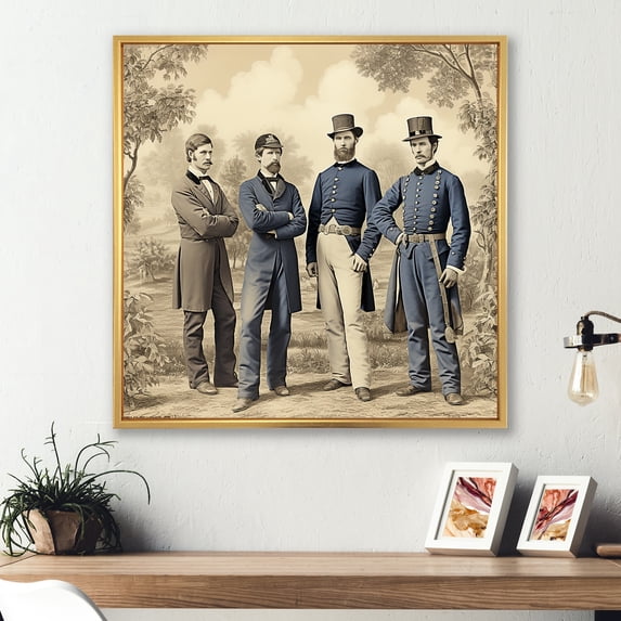 Designart "Civil Military Soldiers A Vintage Portrait I" Americana Framed Wall Art - Traditional Blue Military Living Room Framed Canvas Art