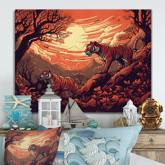 Designart "Clash Of Tigers Orange And Black II" Animals Tiger Metal Wall Art Prints