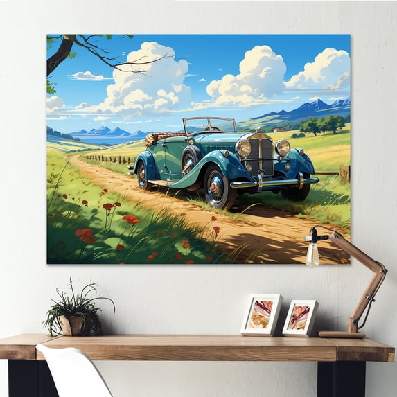 Designart "Classic American Beauty Green Car on Meadow" Transportation Wall Art - Modern Green Car Old American Bedroom Canvas Wall Art