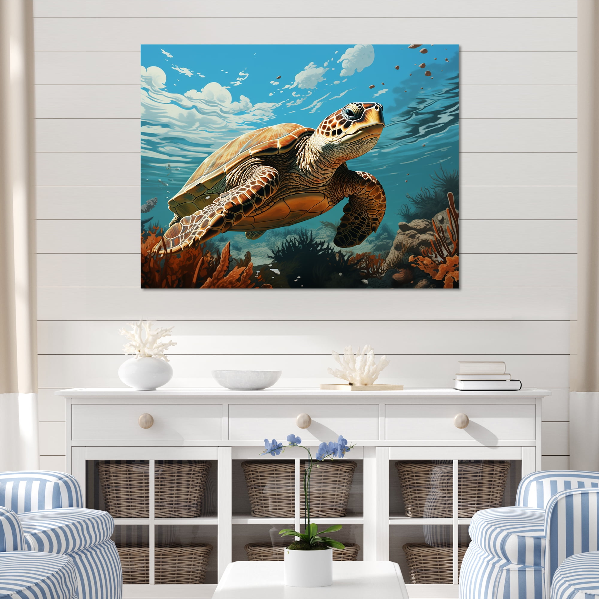 Large Blue and Brown Turtle Coastal Canvas Art Print