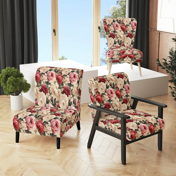 Designart "Classic Beige Vintage Flora IV" Pink Rose Upholstered Accent Chair - Cottage Arm Chair For Living Room